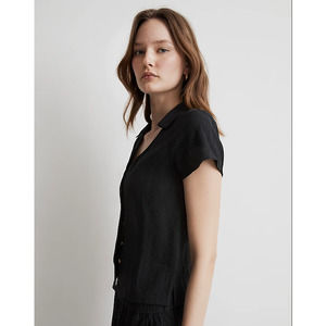 Madewell Women's Size XS NEW Black Y-Neck Buttoned Up Short Sleeve Shirt NWT $72